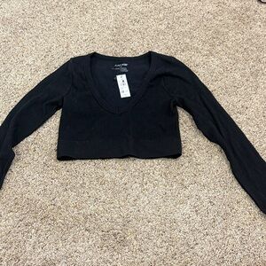NWT Garage Black V-Neck Ribbed Cropped Fitted Long Sleeve Size M